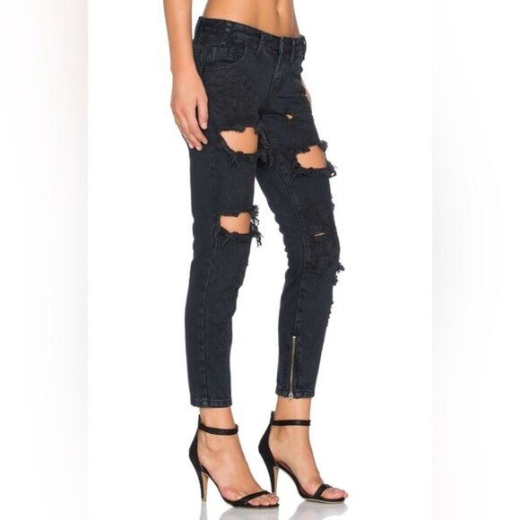 Free People One Teaspoon Skinny Freebirds Jeans Fox Black Distressed Zipper - Picture 5 of 15